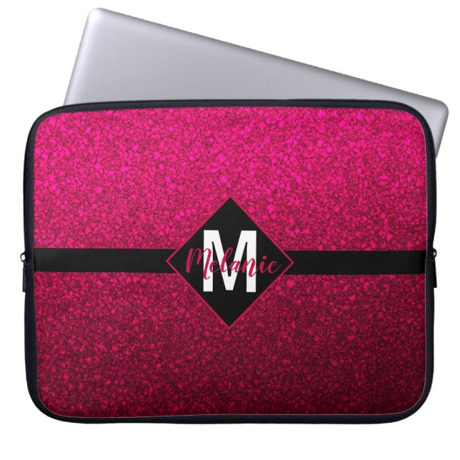 Burgundy Faux Glitter met Monogram Laptop Sleeve (Voorkant)