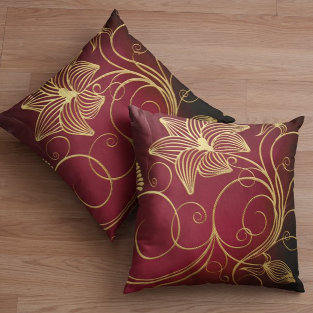 Burgundy Faux Gold Foil Floral Kussen (Creator heeft geüpload)