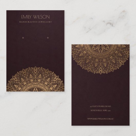 BURGUNDY FAUX GOLD  MANDALA EARRING DISPLAY VISITEKAARTJE (Voorkant / Achterkant)