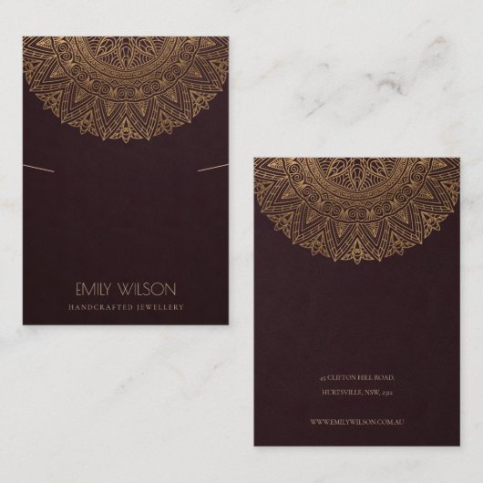 BURGUNDY FAUX GOLD  MANDALA KETTING DISPLAY VISITEKAARTJE (Voorkant / Achterkant)