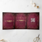 Burgundy & Faux Gold Tarot Celestial Wedding Drieluik Uitnodiging (Binnen)