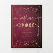 Burgundy & Faux Gold Tarot Celestial Wedding Drieluik Uitnodiging (Cover)