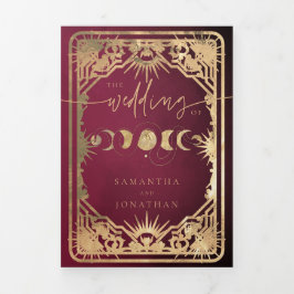 Burgundy & Faux Gold Tarot Celestial Wedding Drieluik Uitnodiging