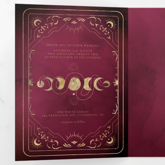 Burgundy & Faux Gold Tarot Celestial Wedding Drieluik Uitnodiging (Binnenzijde eerst)
