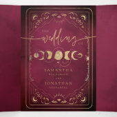 Burgundy & Faux Gold Tarot Celestial Wedding Drieluik Uitnodiging (Binnenkant midden)
