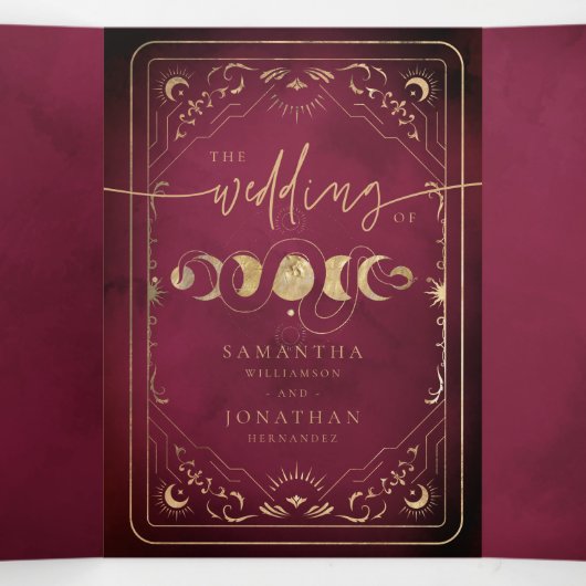 Burgundy & Faux Gold Tarot Celestial Wedding Drieluik Uitnodiging (Binnenkant midden)