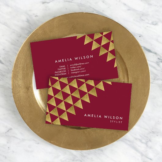 Burgundy Faux Gold Triangles Stylist Social Media Visitekaartje