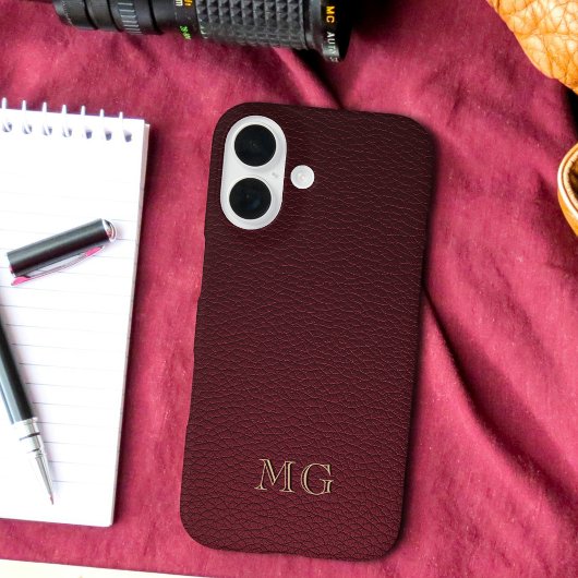 Burgundy Faux Leather and Gold Monogram Initials Case-Mate iPhone Case