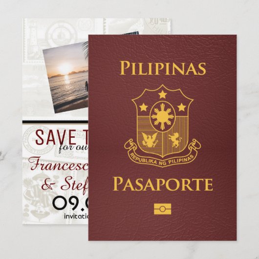 Burgundy Filippijnen Paspoort Save the Date (Voorkant / Achterkant)