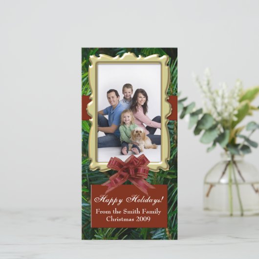 Burgundy Fir Tree Traditional Photo Cards Feestdagenkaart (Staand voorkant)
