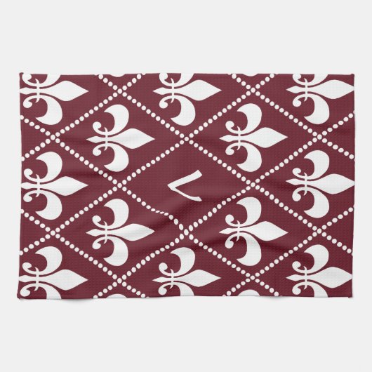 Burgundy Fleur de Lis met monogram initiaal Theedoek (Horizontaal)