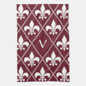 Burgundy Fleur de Lis met monogram initiaal Theedoek (Verticaal)