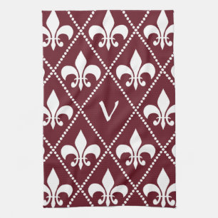 Burgundy Fleur de Lis met monogram initiaal Theedoek