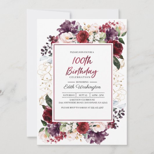 Burgundy Floral 100th Birthday Invitation Kaart (Voorkant)