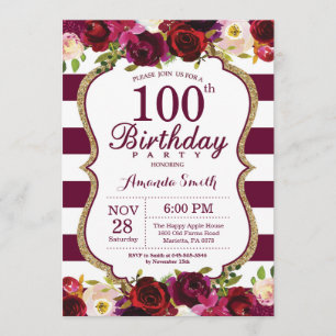 Burgundy Floral 100th Birthday Party Invitation Kaart
