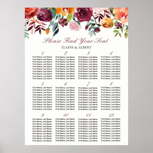 Burgundy floral 12 Tables Wedding Seating Chart Poster (Voorkant)