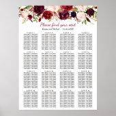 Burgundy Floral 16 Tables Wedding Seating Chart Poster (Voorkant)