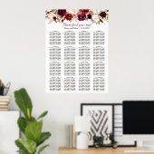 Burgundy Floral 16 Tables Wedding Seating Chart Poster (Thuiskantoor)