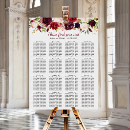 Burgundy Floral 16 Tables Wedding Seating Chart Poster