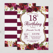 Burgundy Floral 18e uitnodiging van de Birthday Pa (Voorkant / Achterkant)