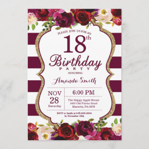 Burgundy Floral 18e uitnodiging van de Birthday Pa
