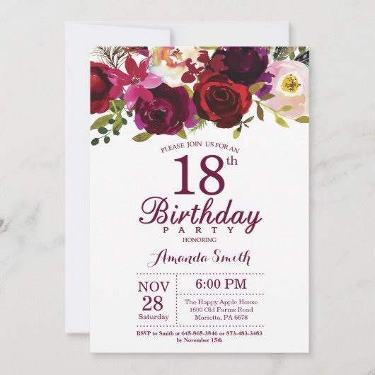 Burgundy Floral 18e uitnodiging van de Birthday Pa (Voorkant)