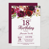 Burgundy Floral 18e uitnodiging van de Birthday Pa (Voorkant / Achterkant)
