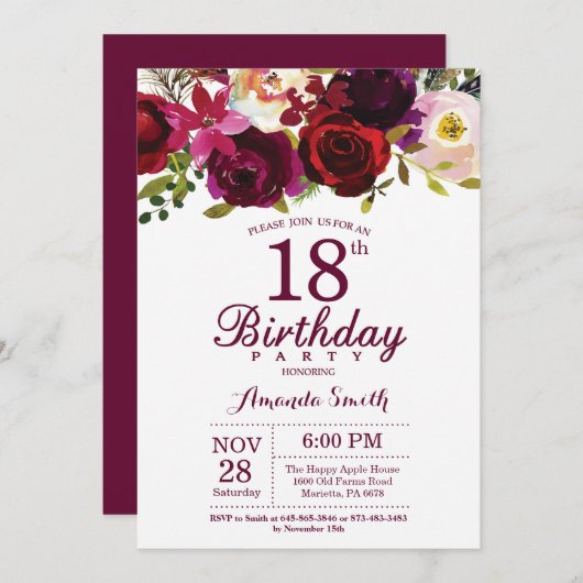 Burgundy Floral 18e uitnodiging van de Birthday Pa (Voorkant / Achterkant)