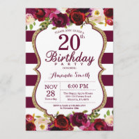 Burgundy Floral 20th Birthday Party Invitation