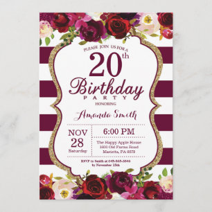 Burgundy Floral 20th Birthday Party Invitation Kaart