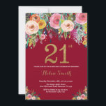 Burgundy Floral 21st Birthday Invitation Gold Kaart<br><div class="desc">Burgundy Floral 21e verjaardag uitnodiging voor vrouwen. Waterverf Floral Flower. Zwart en goudglitter. Roze,  geel,  Oranje,  Paars ventilator. Volwassen verjaardag. Voor verdere aanpassing,  te klikken gelieve de knoop "van de Aanpassing het"en ons ontwerphulpmiddel te gebruiken om deze sjabloon te wijzigen.</div>