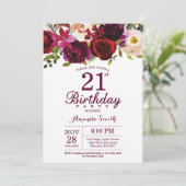 Burgundy Floral 21ste uitnodiging van de Birthday (Staand voorkant)