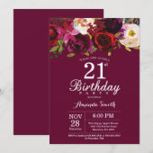 Burgundy Floral 21ste uitnodiging van de Birthday (Voorkant / Achterkant)