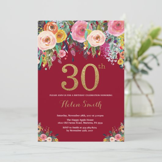 Burgundy Floral 30th Birthday Invitation Gold Kaart (Staand voorkant)