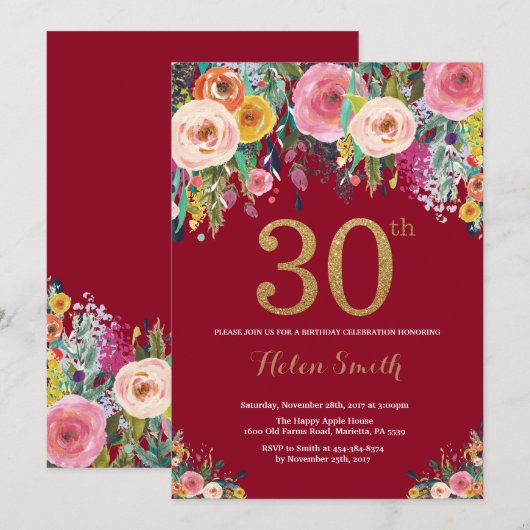 Burgundy Floral 30th Birthday Invitation Gold Kaart (Voorkant / Achterkant)
