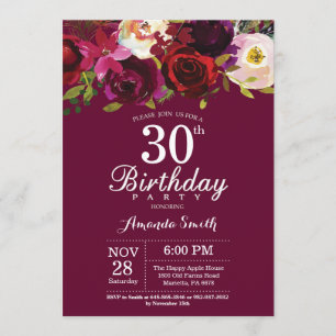 Burgundy Floral 30th Birthday Party Invitation Kaart