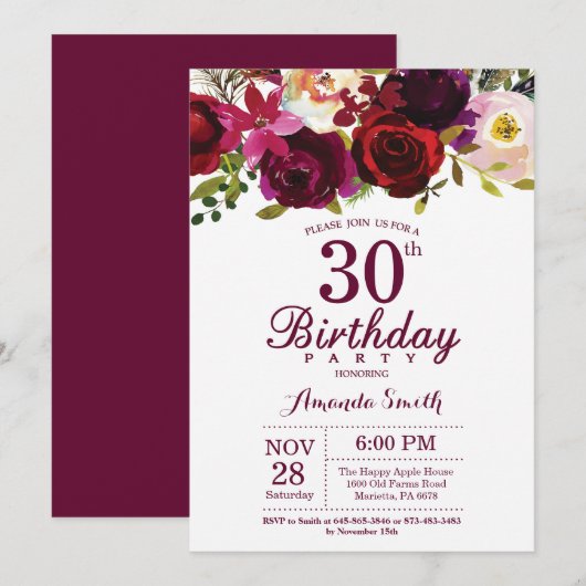 Burgundy Floral 30th Birthday Party Invitation Kaart (Voorkant / Achterkant)