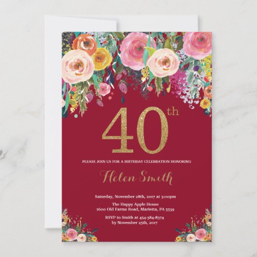 Burgundy Floral 40th Birthday Invitation Gold Kaart (Voorkant)