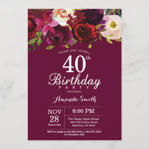 Burgundy Floral 40th Birthday Party Invitation Kaart