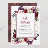 Burgundy Floral 50th Birthday Invitation Kaart (Voorkant / Achterkant)