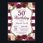 Burgundy Floral 50th Birthday Party Invitation Kaart<br><div class="desc">Burgundy Floral 50th Birthday Party Invitation for women. Burgundy Red en Gold Birthday Party nodigen uit. Gold Glitter. Florale bloem van de Bourgogne Waterverf. Bourgogne en witte strepen. 13e 15e 16e 18e 21e 30e 40e 50e 60e 70e 90e 100e, Alle leeftijden. Afdrukbaar digitaal. Voor verdere aanpassing, te klikken gelieve de...</div>