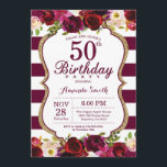 Burgundy Floral 50th Birthday Party Invitation Kaart<br><div class="desc">Burgundy Floral 50th Birthday Party Invitation for women. Burgundy Red en Gold Birthday Party nodigen uit. Gold Glitter. Florale bloem van de Bourgogne Waterverf. Bourgogne en witte strepen. 13e 15e 16e 18e 21e 30e 40e 50e 60e 70e 90e 100e, Alle leeftijden. Afdrukbaar digitaal. Voor verdere aanpassing, te klikken gelieve de...</div>