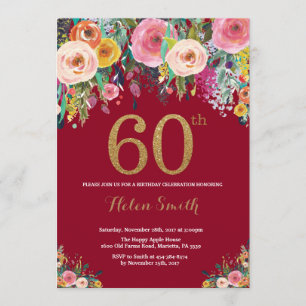 Burgundy Floral 60th Birthday Invitation Gold Kaart