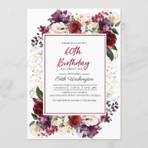 Burgundy Floral 60th Birthday Invitation