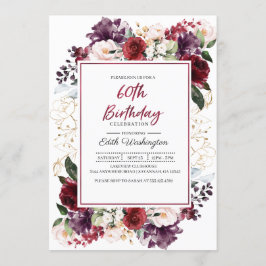 Burgundy Floral 60th Birthday Invitation Kaart