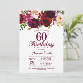 Burgundy Floral 60th Birthday Party Invitation Kaart (Staand voorkant)