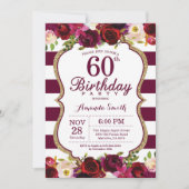 Burgundy Floral 60th Birthday Party Invitation Kaart (Voorkant)