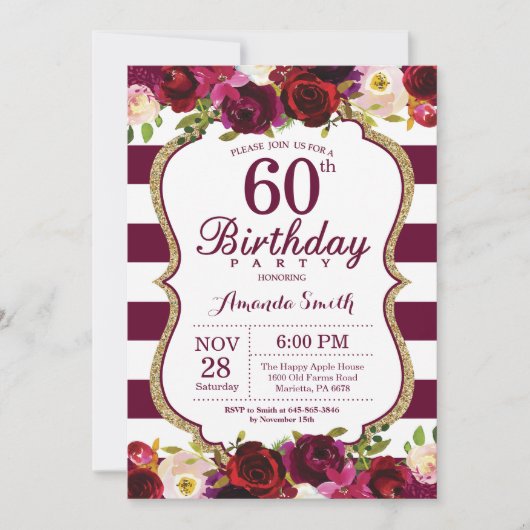 Burgundy Floral 60th Birthday Party Invitation Kaart (Voorkant)