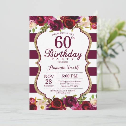 Burgundy Floral 60th Birthday Party Invitation Kaart (Staand voorkant)