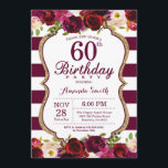 Burgundy Floral 60th Birthday Party Invitation Kaart<br><div class="desc">Burgundy Floral 60th Birthday Party Invitation for women. Burgundy Red en Gold Birthday Party nodigen uit. Gold Glitter. Florale bloem van de Bourgogne Waterverf. Bourgogne en witte strepen. 13e 15e 16e 18e 21e 30e 40e 50e 60e 70e 90e 100e, Alle leeftijden. Afdrukbaar digitaal. Voor verdere aanpassing, te klikken gelieve de...</div>